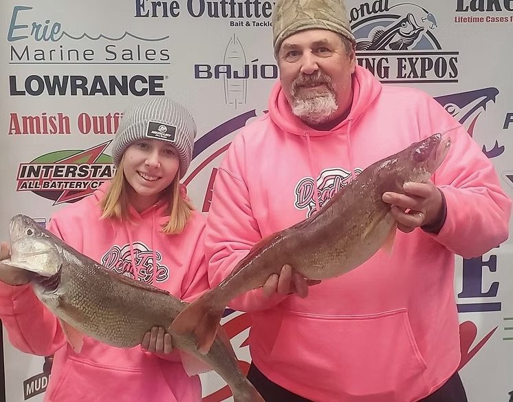 Captain Mike Lewis and his daughter Morgan showing their walleye catches
